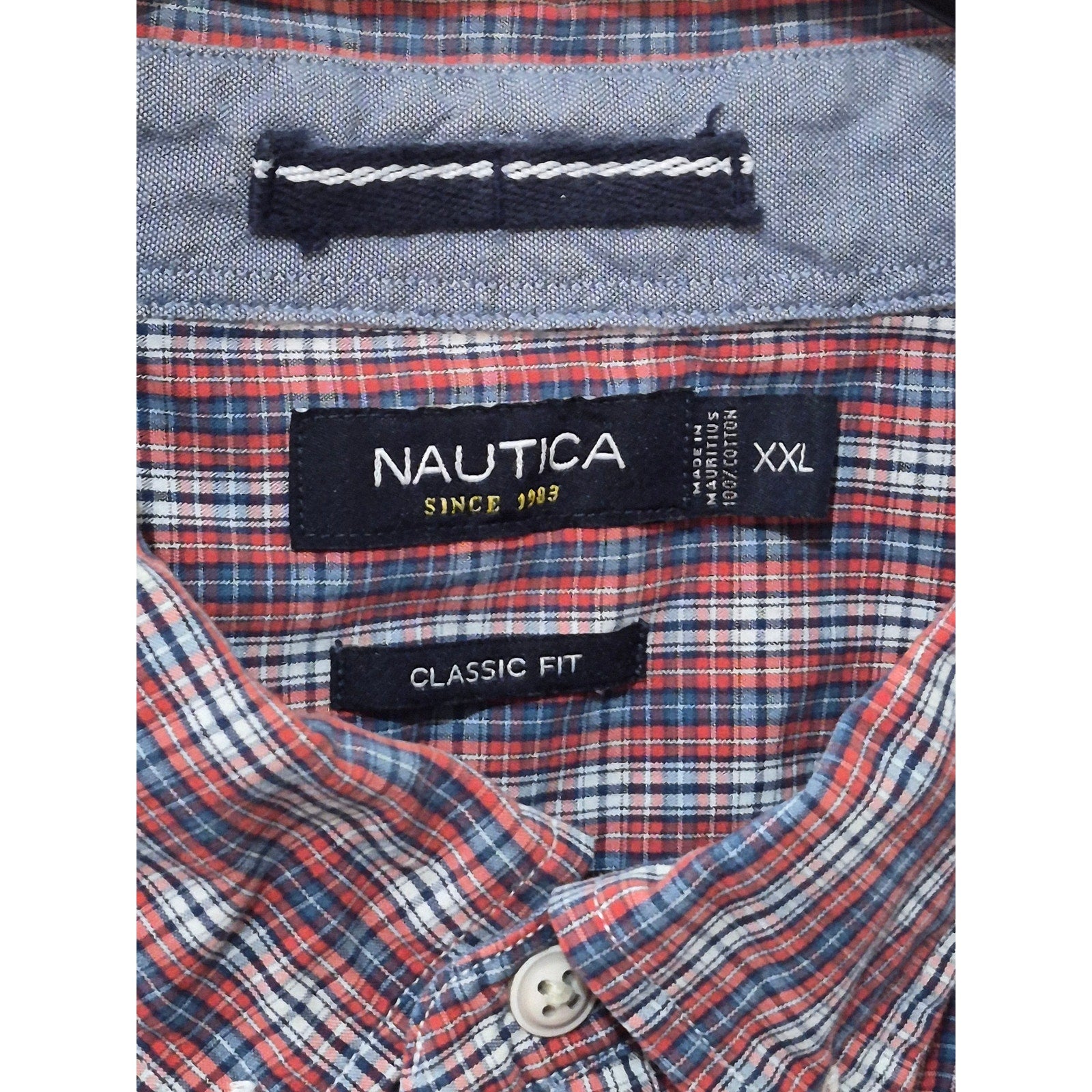 Nautica Men’s XXL Classic Fit Plaid Button-Down Shirt Red Navy White Long Sleeve
