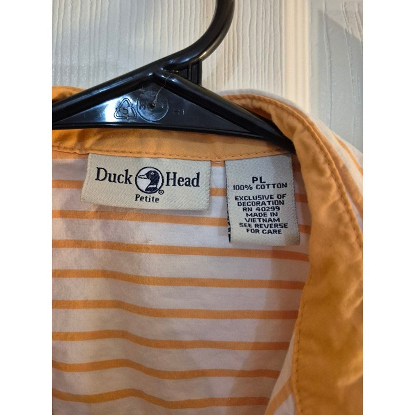 Duck Head orange and white striped three-quarter sleeve button-down shirt.