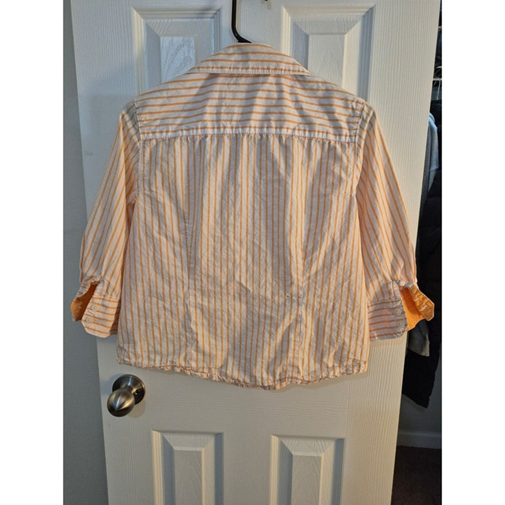 Duck Head orange and white striped three-quarter sleeve button-down shirt.