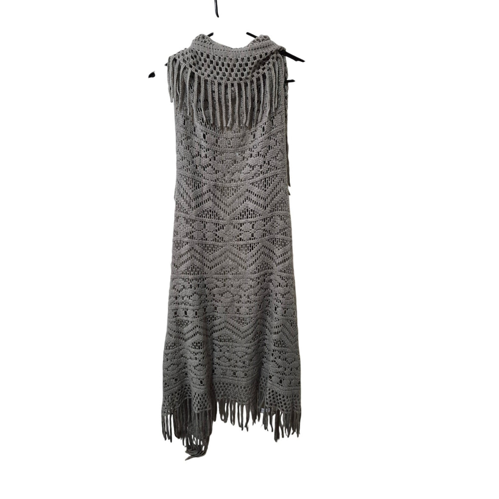 Maurices Gray Open Knit Fringe Duster Vest One Size Boho Geometric Longline