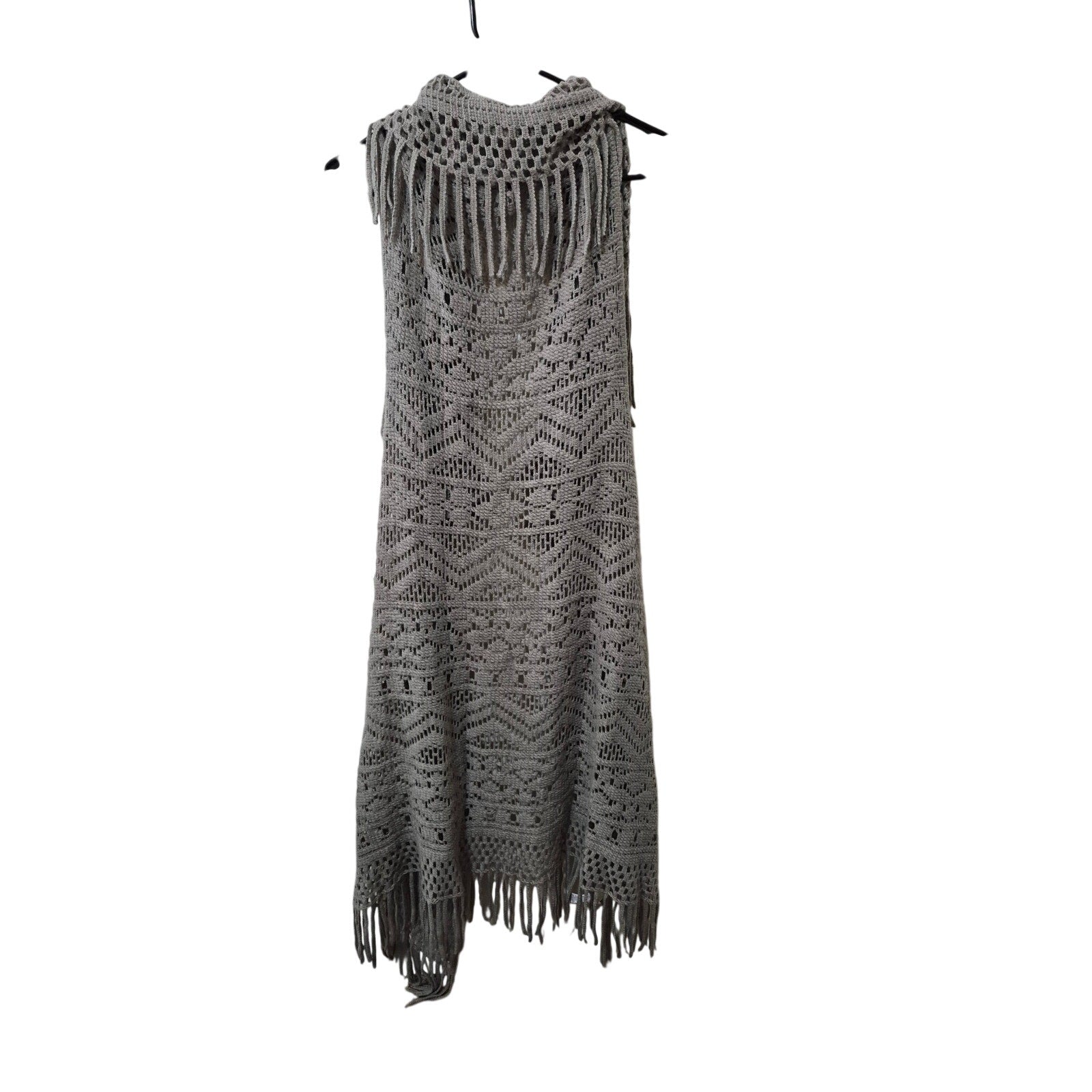 Maurices Gray Open Knit Fringe Duster Vest One Size Boho Geometric Longline
