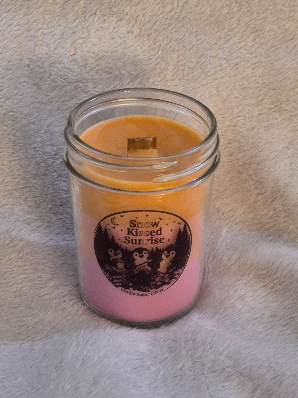 "Hand-poured Snow Kissed Sunrise scented candle in a 9oz jar, cool fresh fragrance by Delightful Homemade Things"