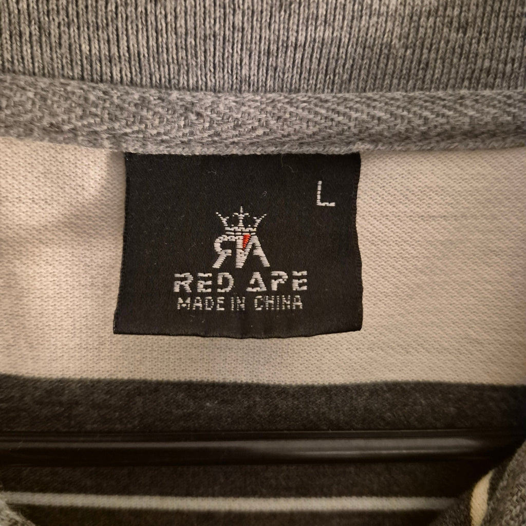 Men’s Red Ape Striped Polo Shirt - Size Large - Black, Gray, and White