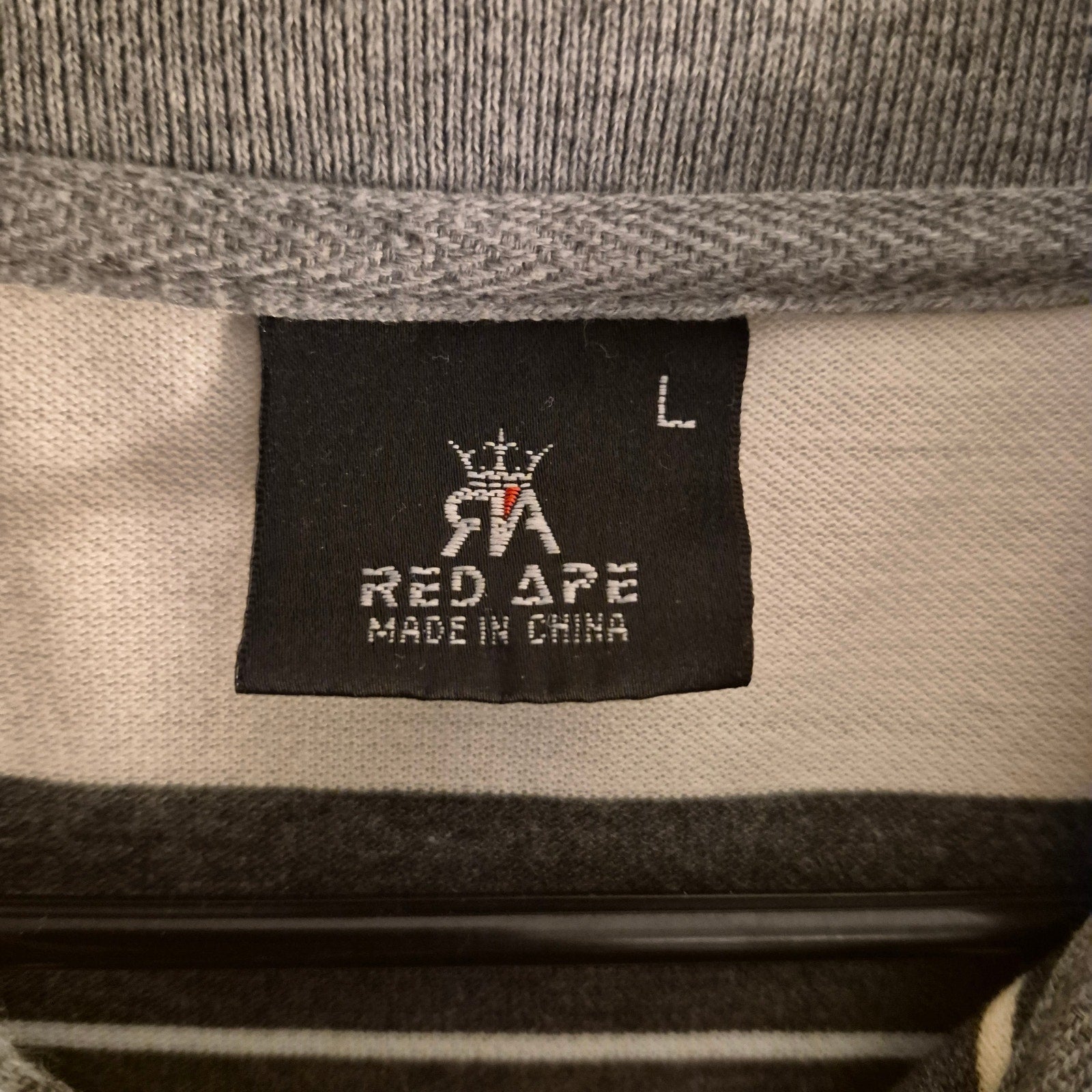 Men’s Red Ape Striped Polo Shirt - Size Large - Black, Gray, and White