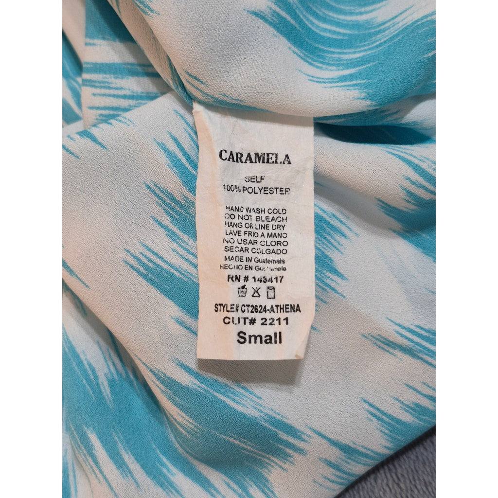 CARAMELA Athena Turquoise Blue Ikat Poncho Blouse V-Neck Chiffon Top Small