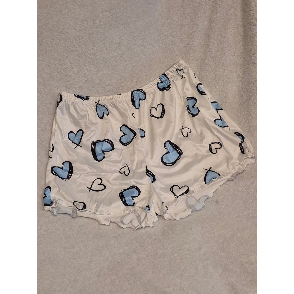 Women's "Love" Heart Pajama Set – White with Blue/Black Accents - Size Large