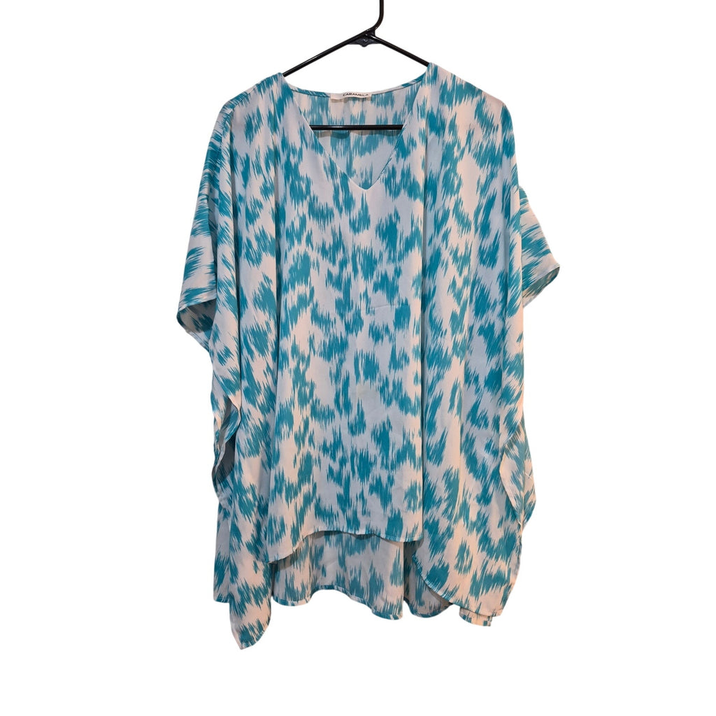CARAMELA Athena Turquoise Blue Ikat Poncho Blouse V-Neck Chiffon Top Small