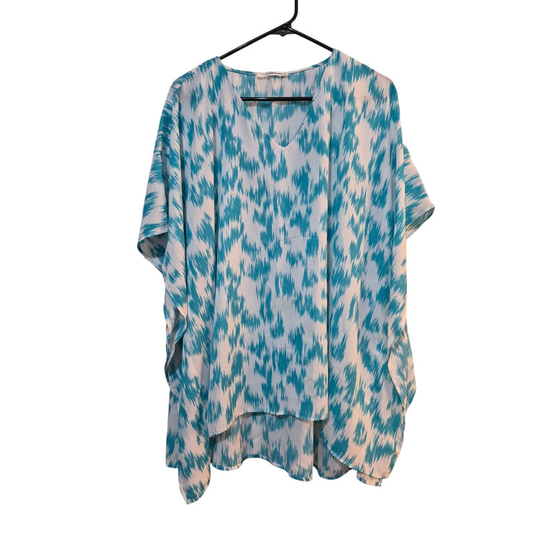 CARAMELA Athena Turquoise Blue Ikat Poncho Blouse V-Neck Chiffon Top Small