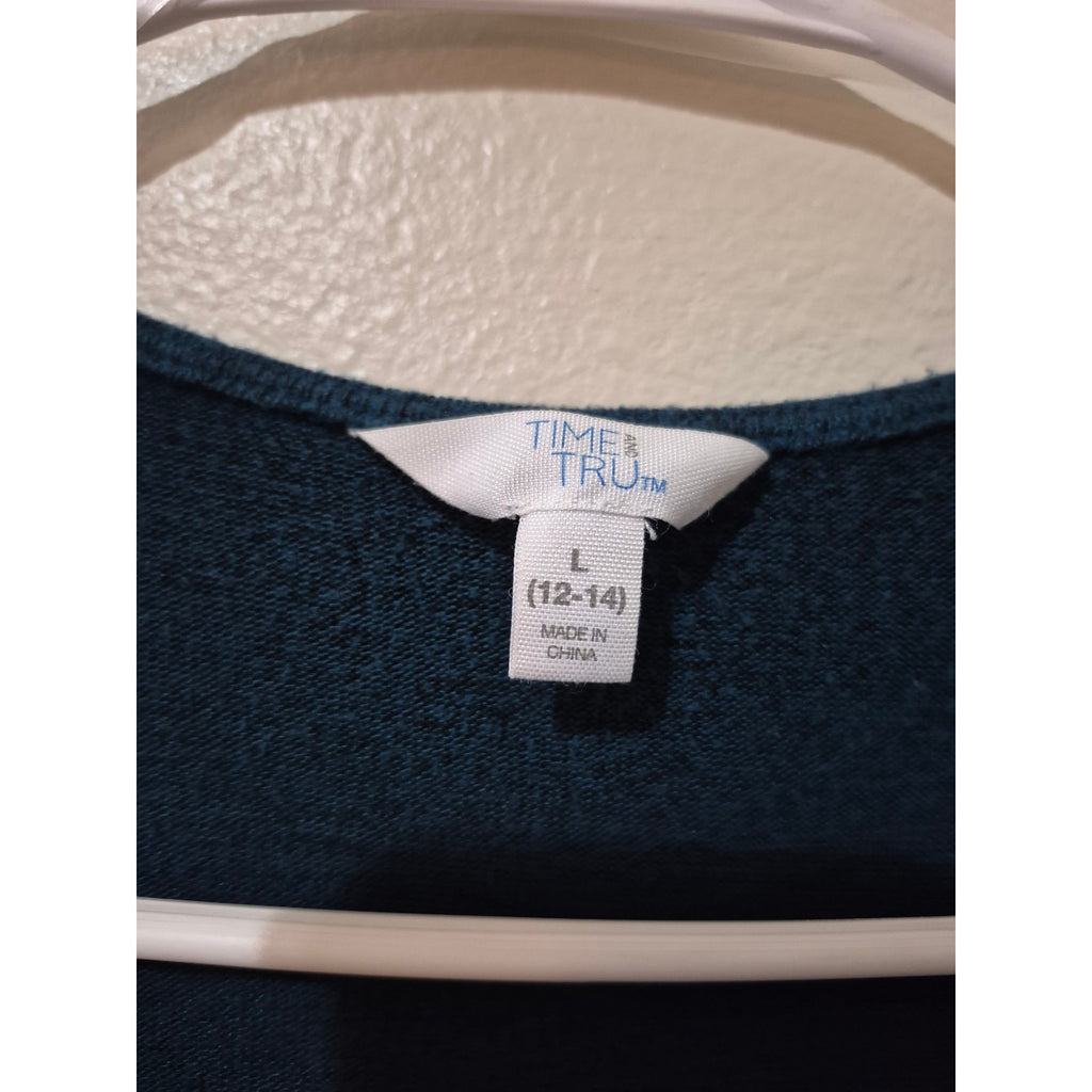 Time and Tru Teal Blue Open Front Longline Cardigan Sweater with Pockets - Size L (12-14)
