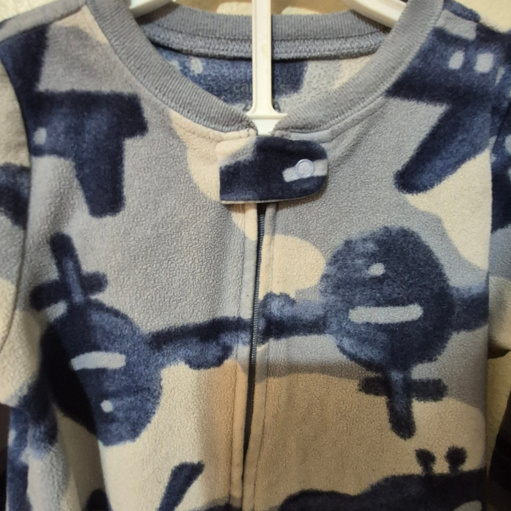 Carter's Toddler Boy Fleece Footed Pajamas 2T Blue Camo Airplane Helicopter