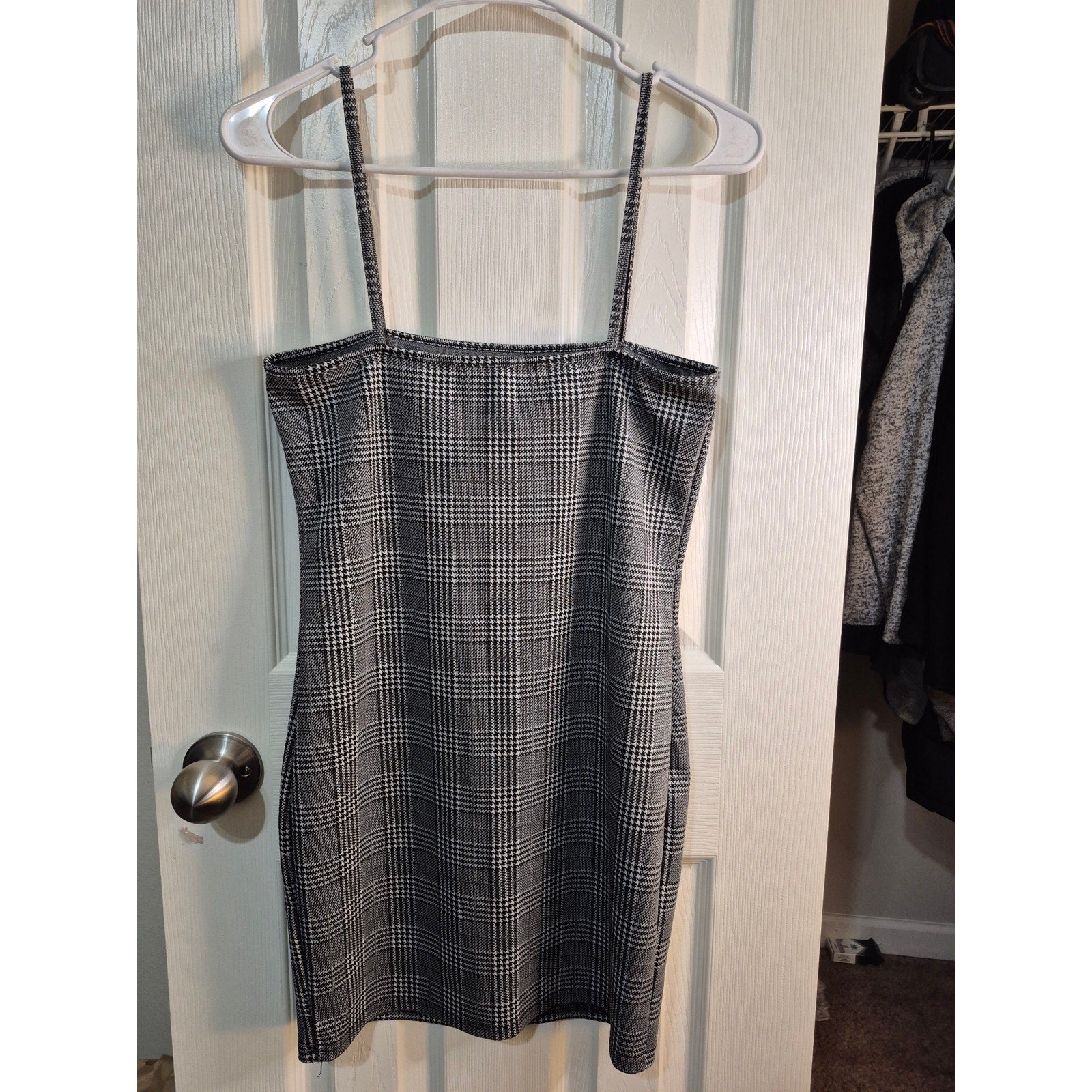 Zaful Black & White Plaid Bodycon Mini Dress - Size L (8) - 90s Aesthetic
