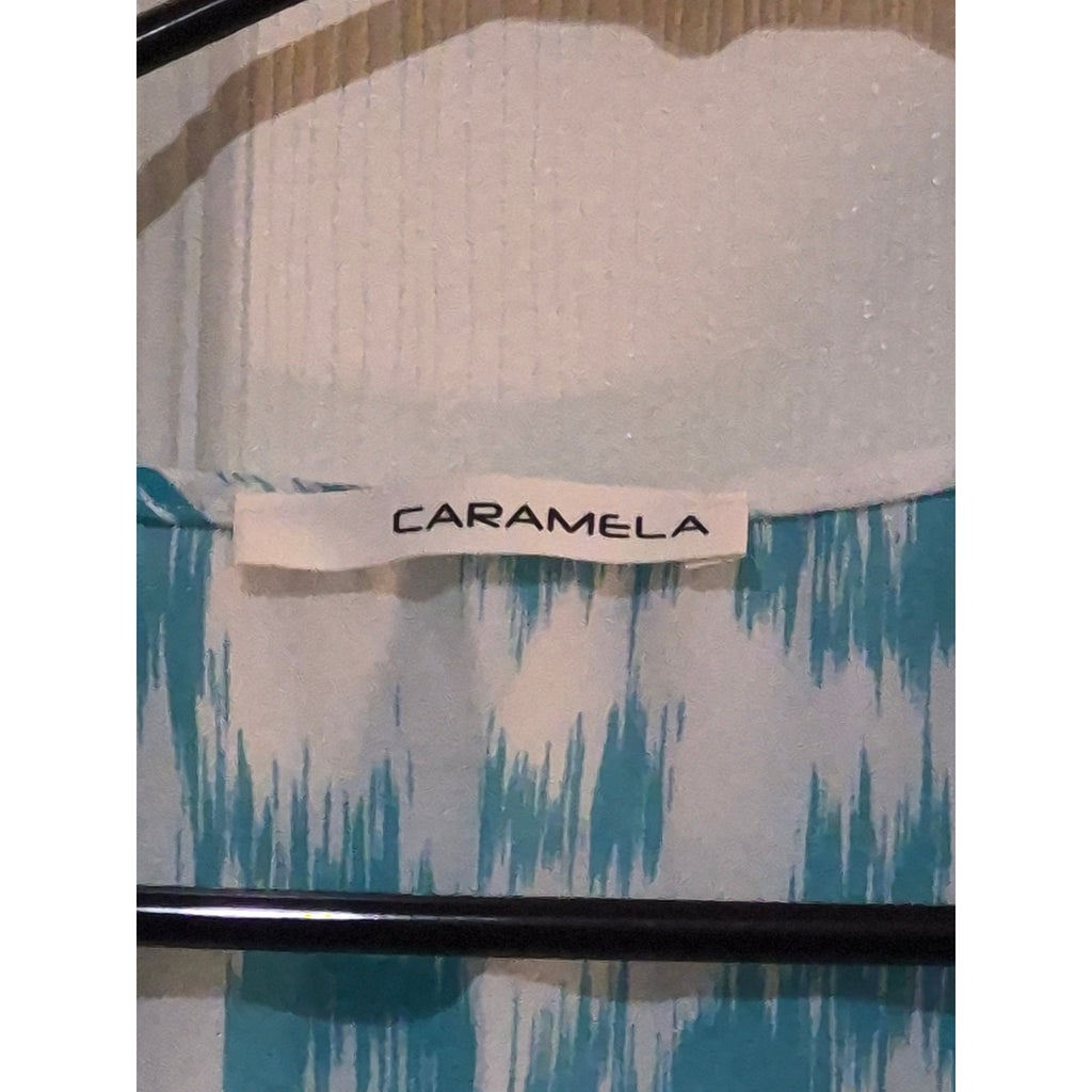 CARAMELA Athena Turquoise Blue Ikat Poncho Blouse V-Neck Chiffon Top Small
