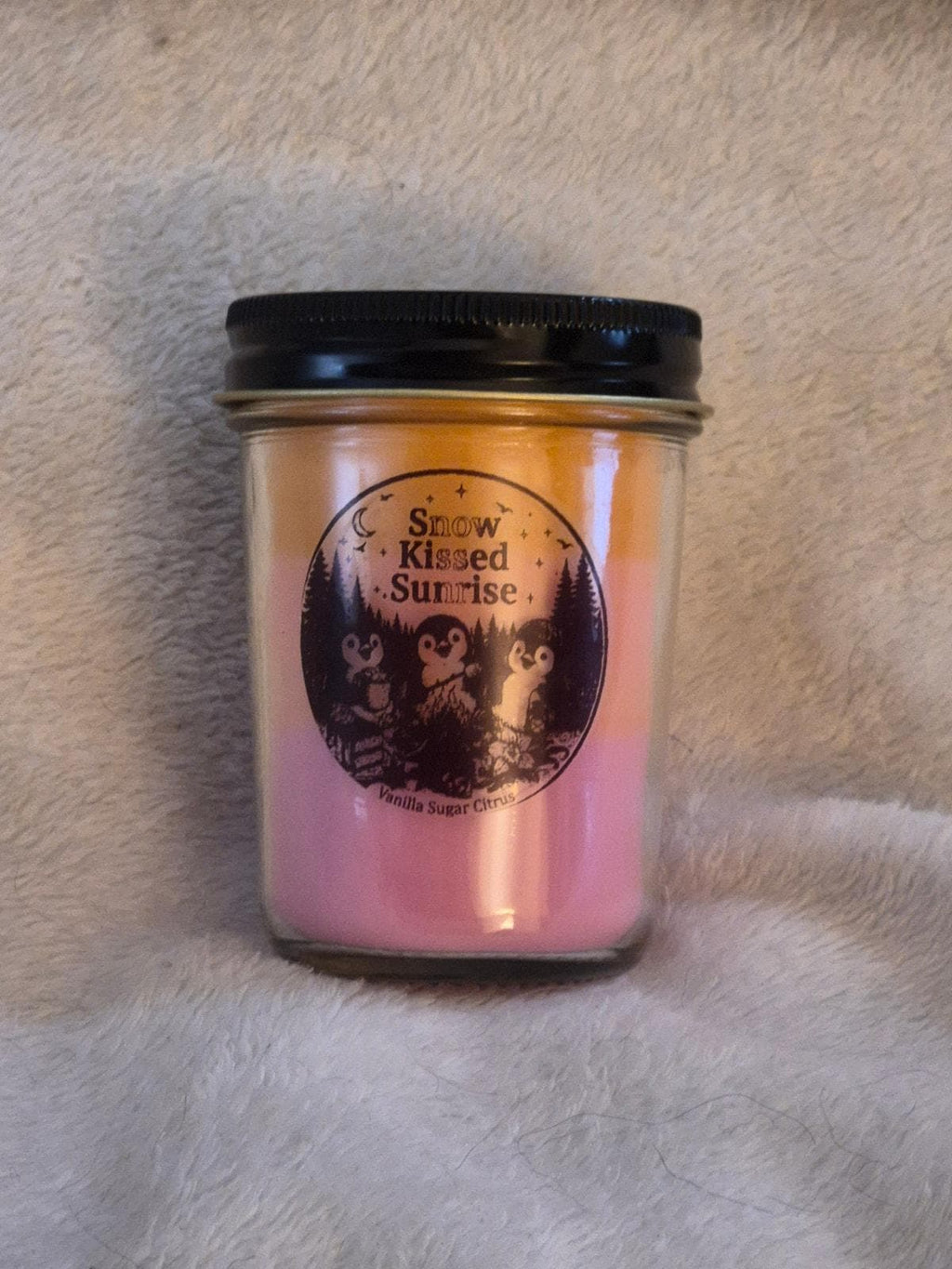 "Hand-poured Snow Kissed Sunrise scented candle in a 9oz jar, cool fresh fragrance by Delightful Homemade Things"