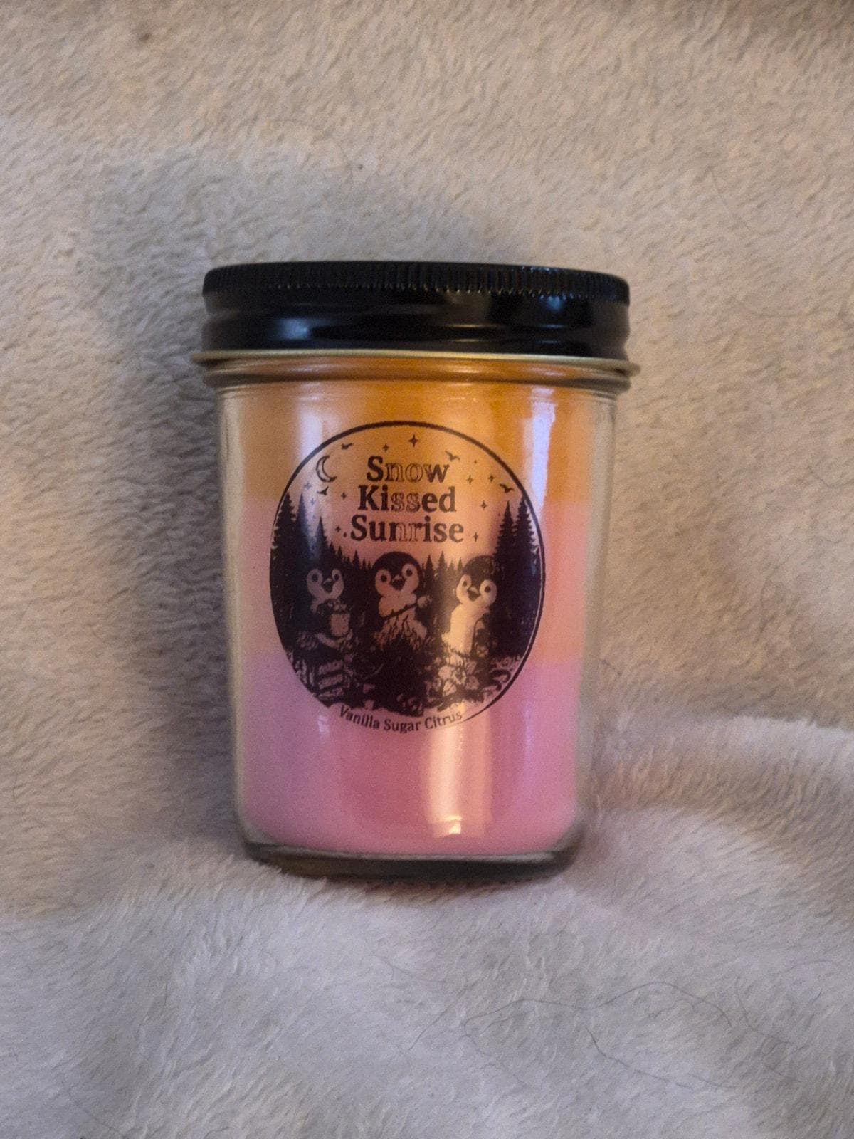 "Hand-poured Snow Kissed Sunrise scented candle in a 9oz jar, cool fresh fragrance by Delightful Homemade Things"