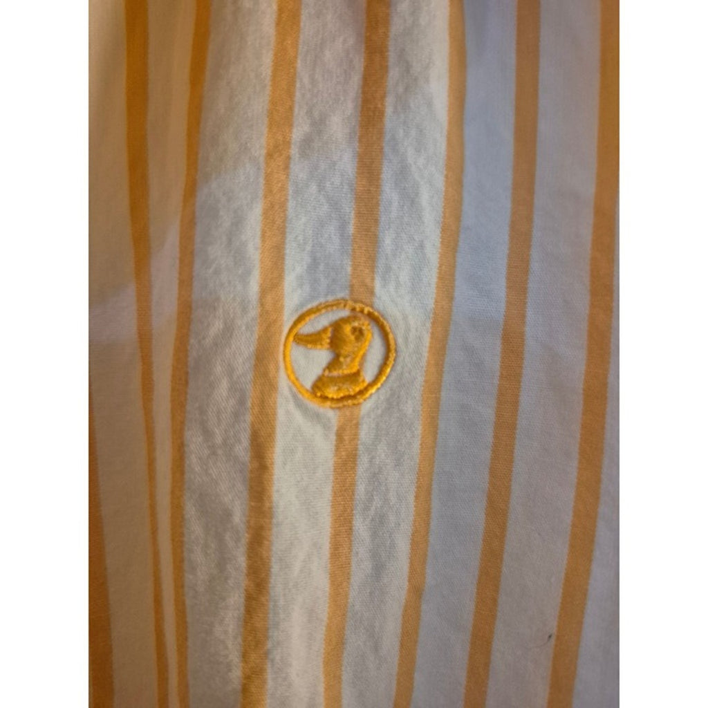 Duck Head orange and white striped three-quarter sleeve button-down shirt.
