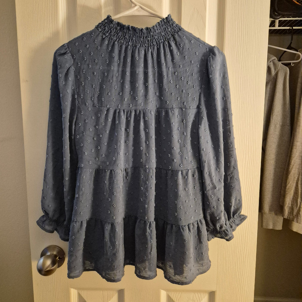 Mon Eau Los Angeles Blue Swiss Dot Tiered High-Neck Blouse – Size Small