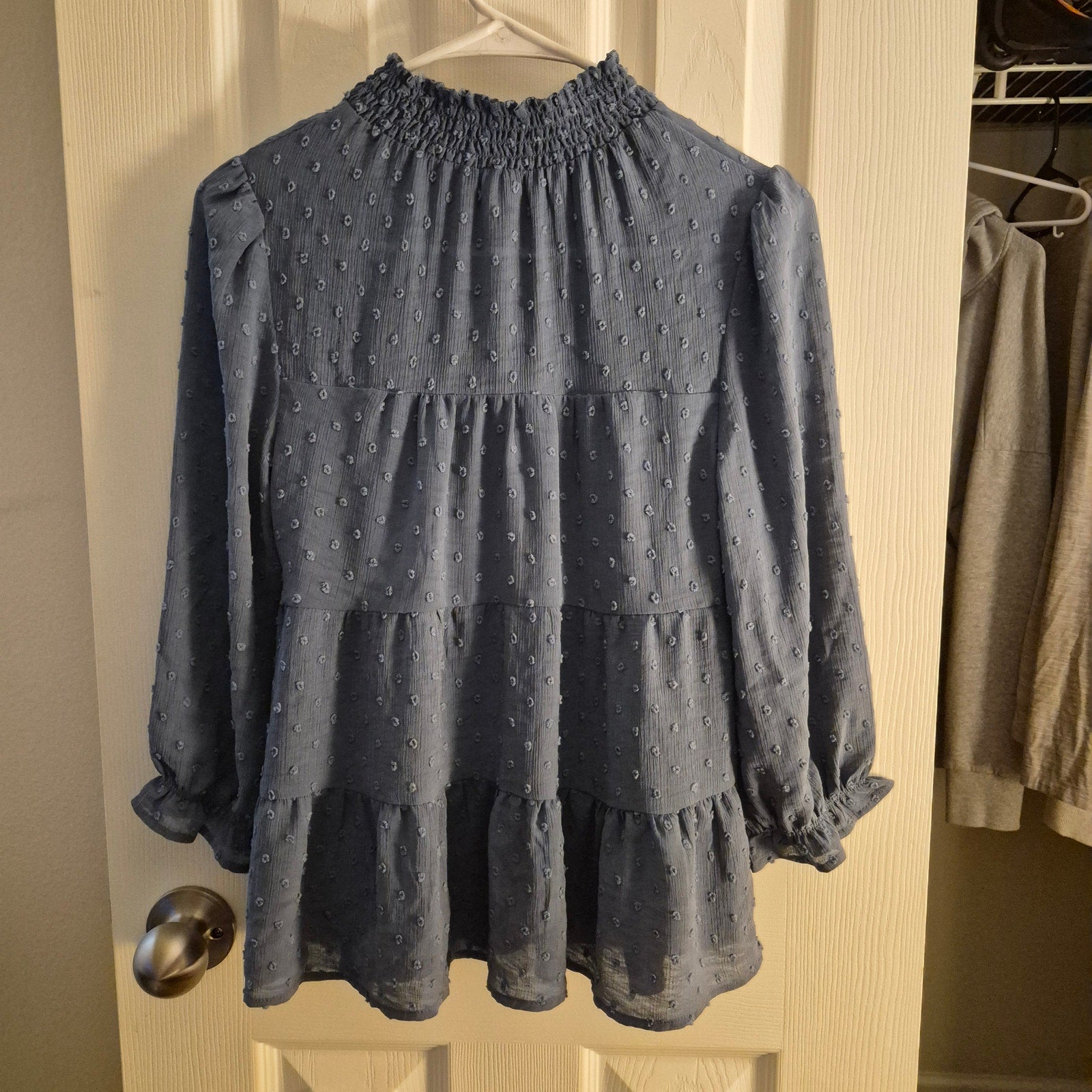 Mon Eau Los Angeles Blue Swiss Dot Tiered High-Neck Blouse – Size Small