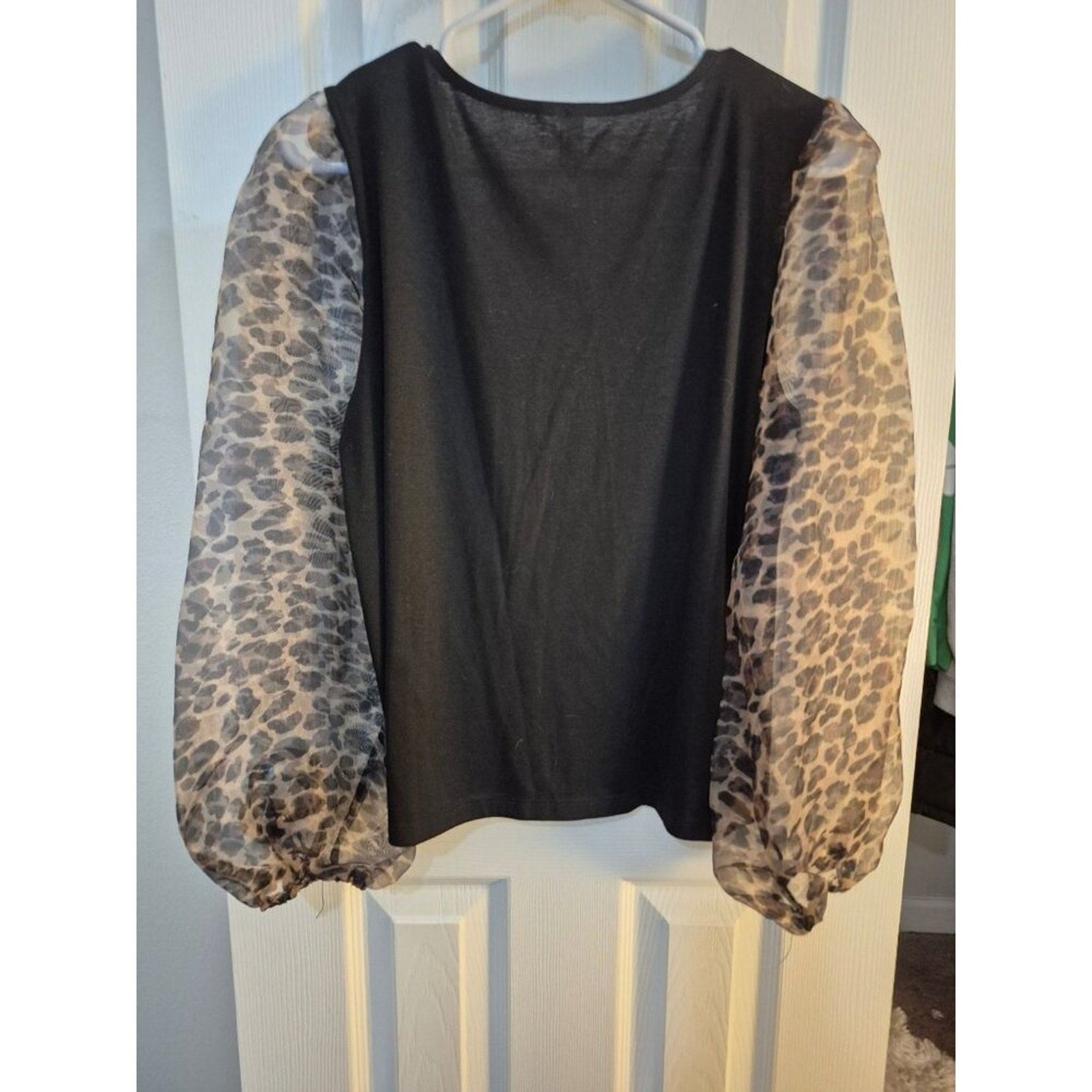 Womens Blouse with Sheer Leopard Print Sleeves, Small