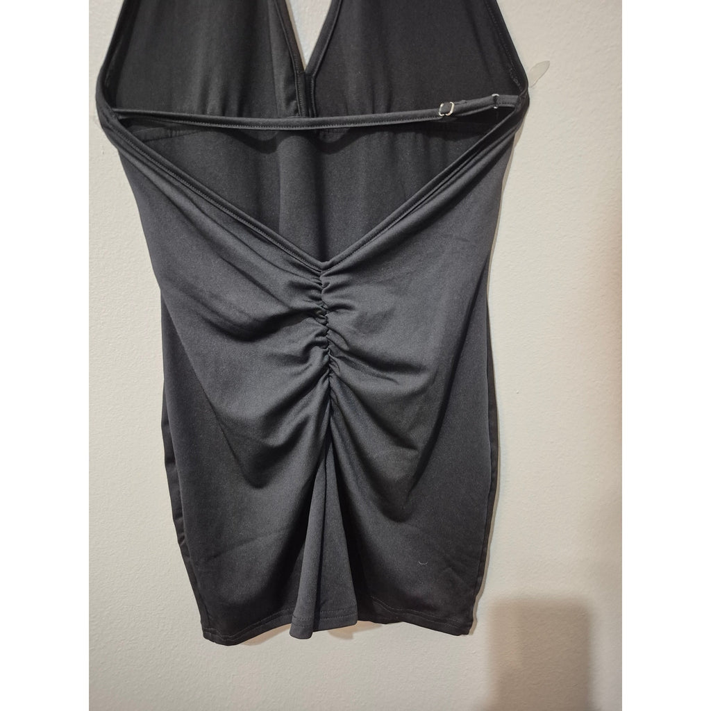 Y2K Black Halter Neck One Piece Romper - Ruched Back Detail