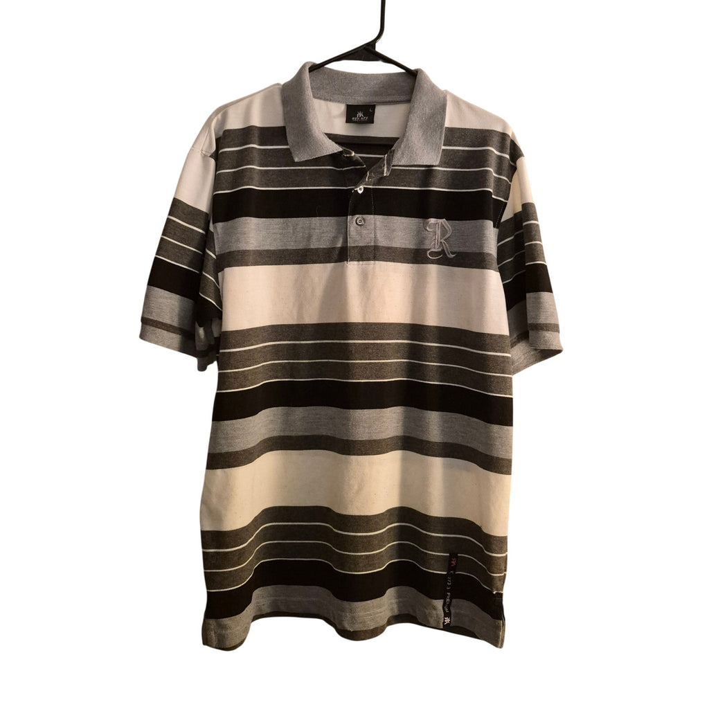 Men’s Red Ape Striped Polo Shirt - Size Large - Black, Gray, and White