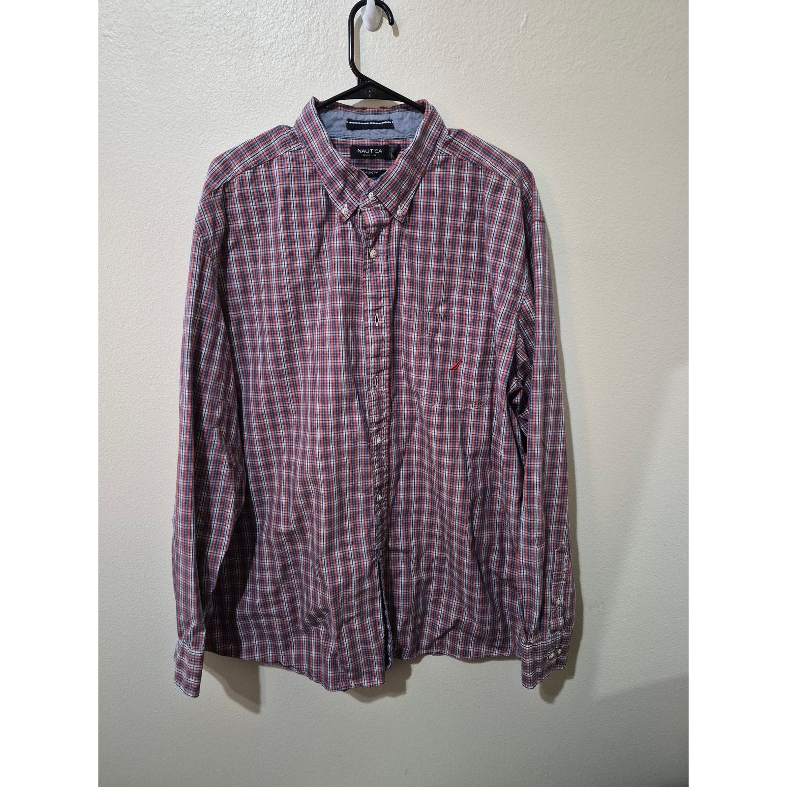 Nautica Men’s XXL Classic Fit Plaid Button-Down Shirt Red Navy White Long Sleeve