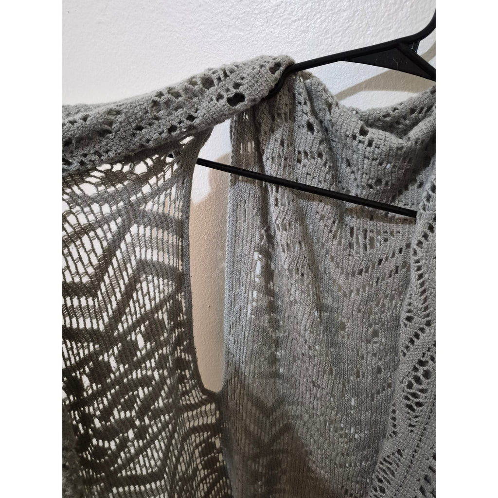 Maurices Gray Open Knit Fringe Duster Vest One Size Boho Geometric Longline