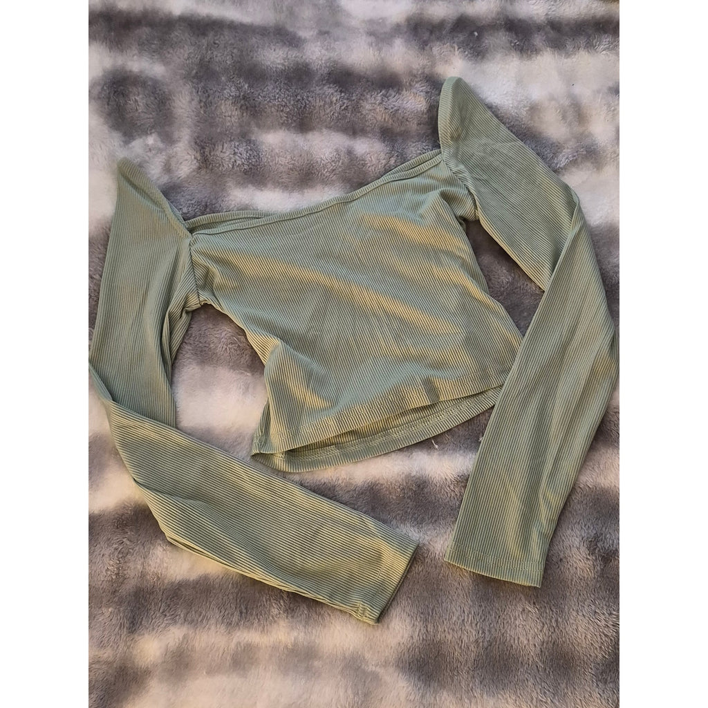 Sage Green Ribbed Knit Long Sleeve Crop Top | Cutout Front Sweetheart Neck