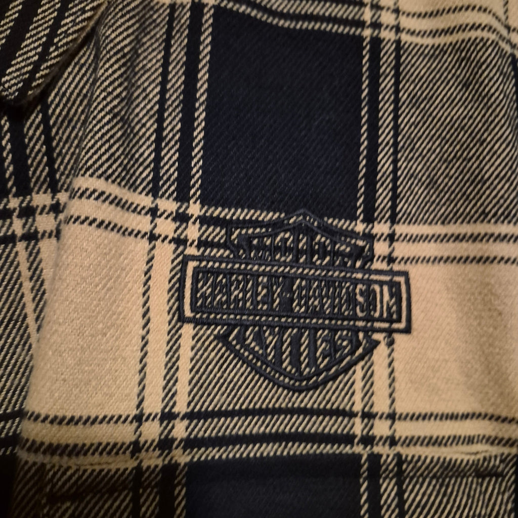 Harley-Davidson Men's 2XL Plaid Button Down Shirt, Tan Black HDMC Embroidered