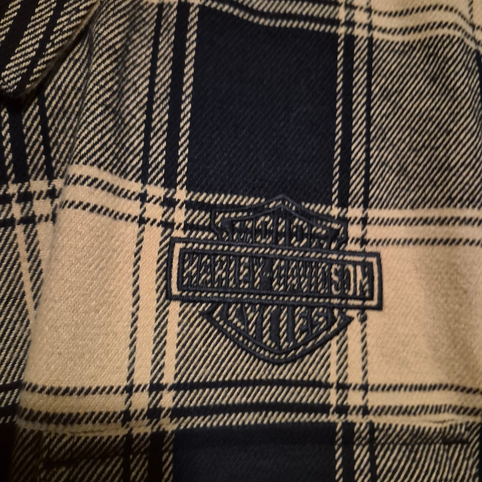 Harley-Davidson Men's 2XL Plaid Button Down Shirt, Tan Black HDMC Embroidered
