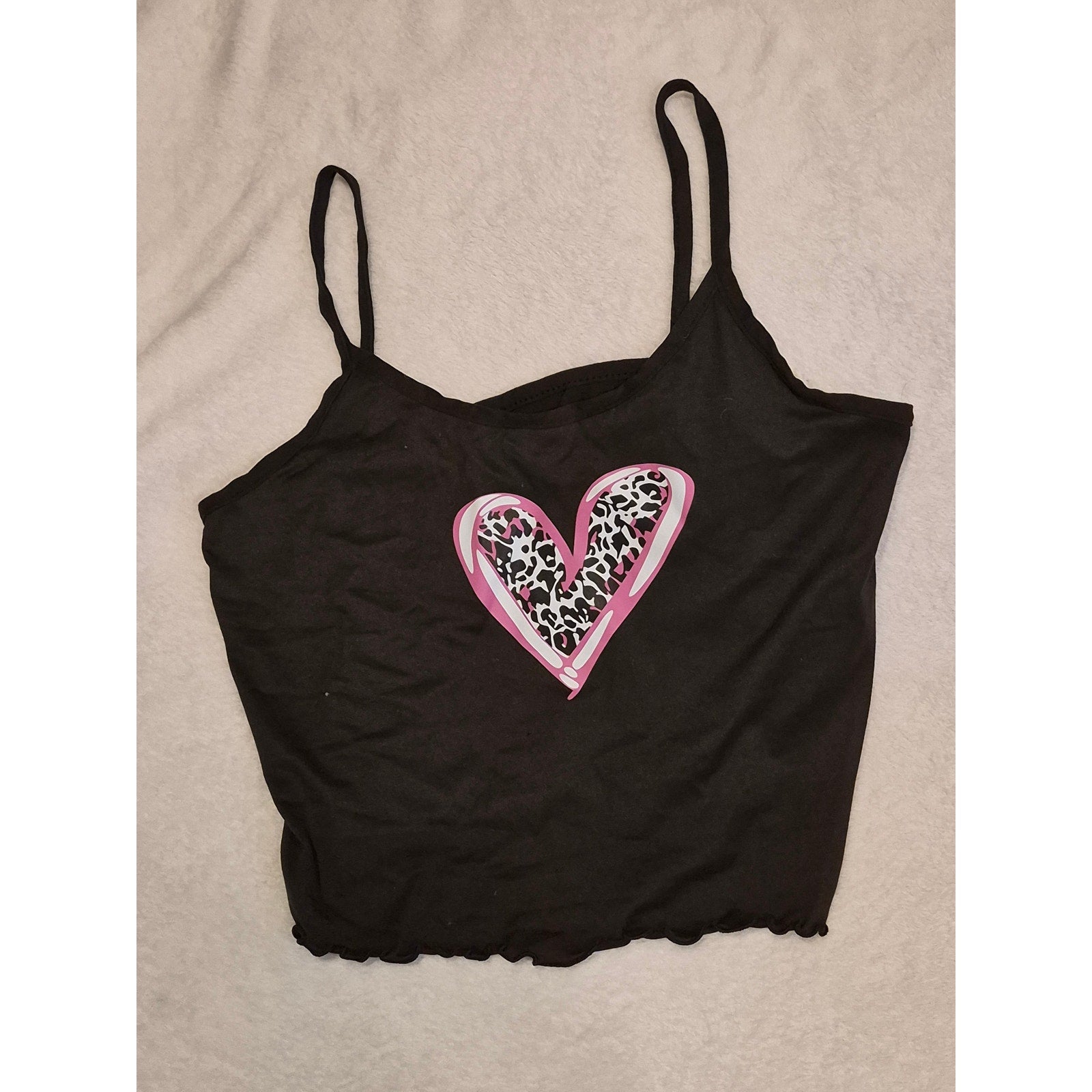 Women's 2-Piece Leopard Print Heart Pajama Set – Black/Pink Cami & Ruffle Shorts - Large