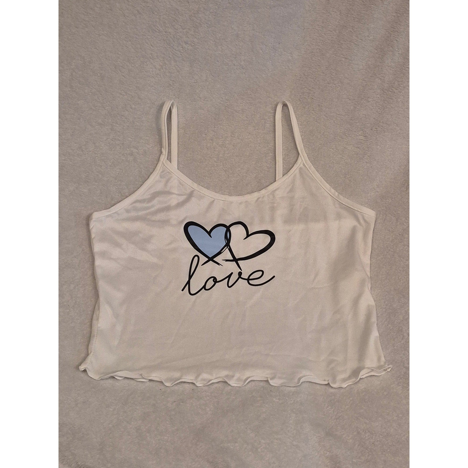 Women's "Love" Heart Pajama Set – White with Blue/Black Accents - Size Large