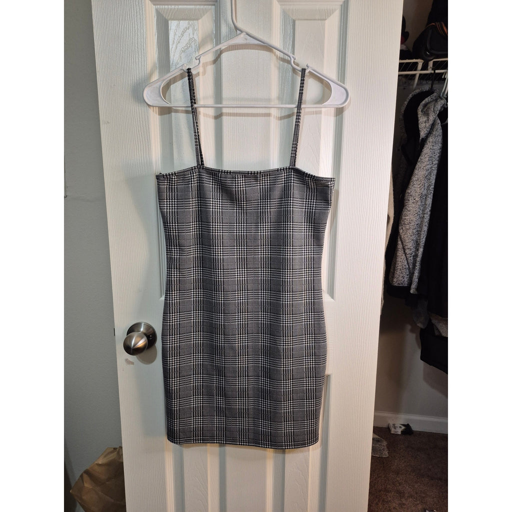 Zaful Black & White Plaid Bodycon Mini Dress - Size L (8) - 90s Aesthetic