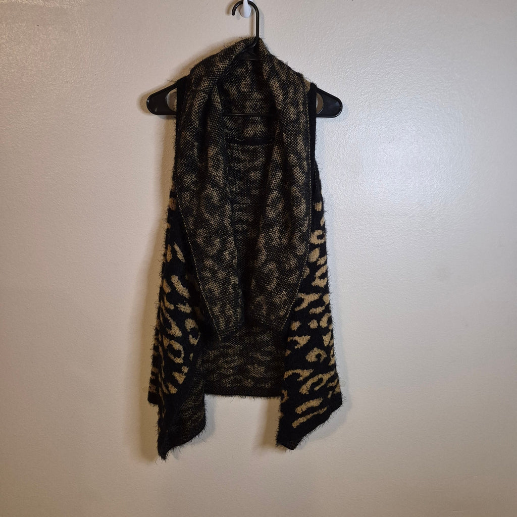 Leopard Print Eyelash Knit Vest Draped Waterfall Open Front Tan Black