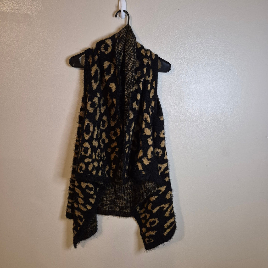 Leopard Print Eyelash Knit Vest Draped Waterfall Open Front Tan Black