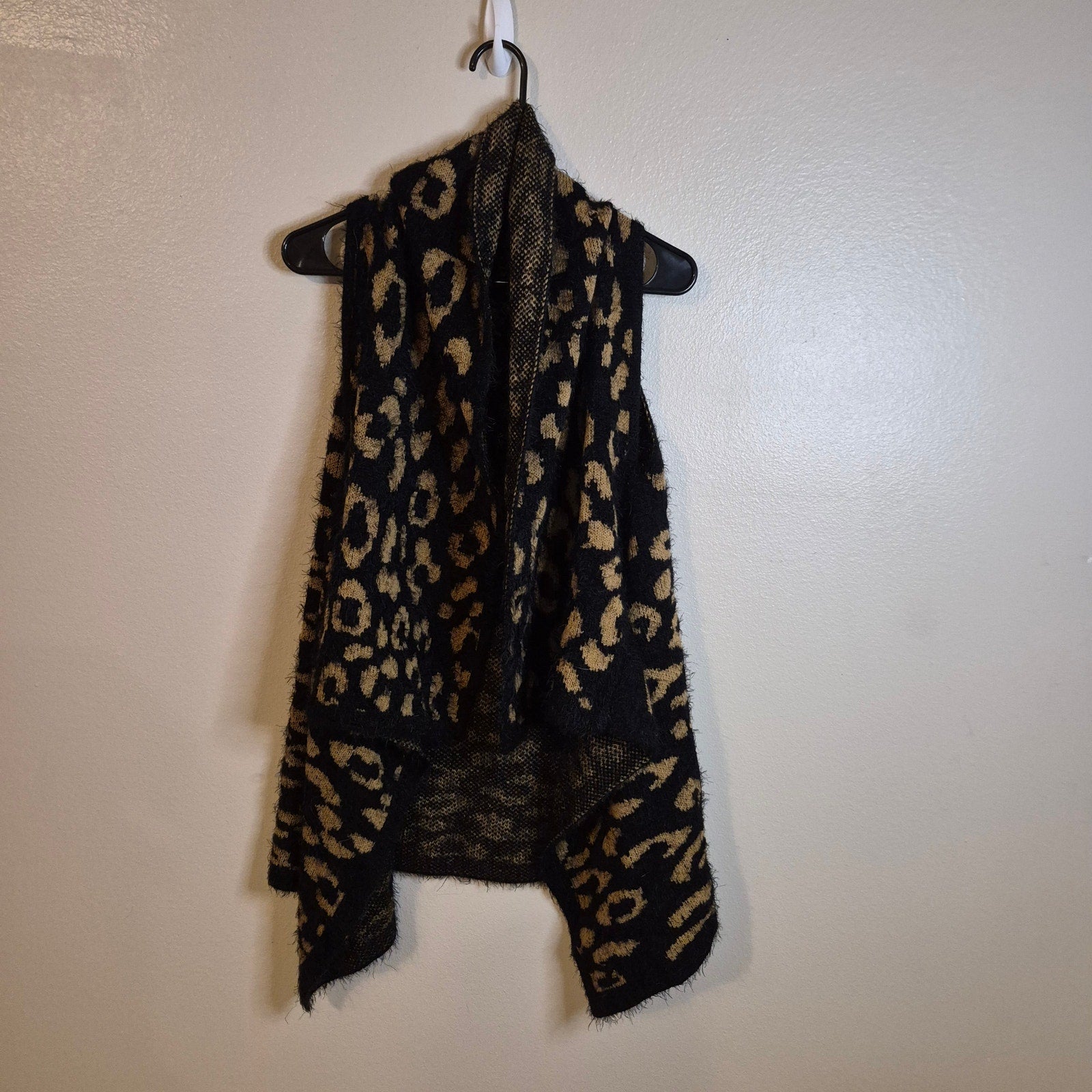 Leopard Print Eyelash Knit Vest Draped Waterfall Open Front Tan Black