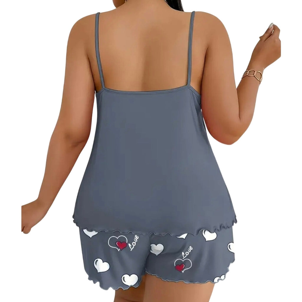 Women’s 2-Piece Pajama Set Grey Cami Top & Heart Print Shorts Sleepwear