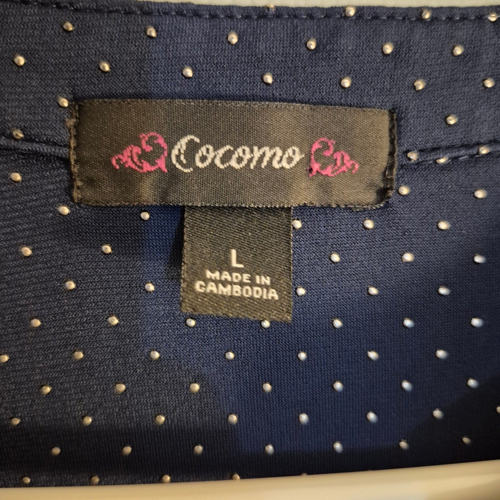 Cocomo Navy Button-Down Blouse with Dots