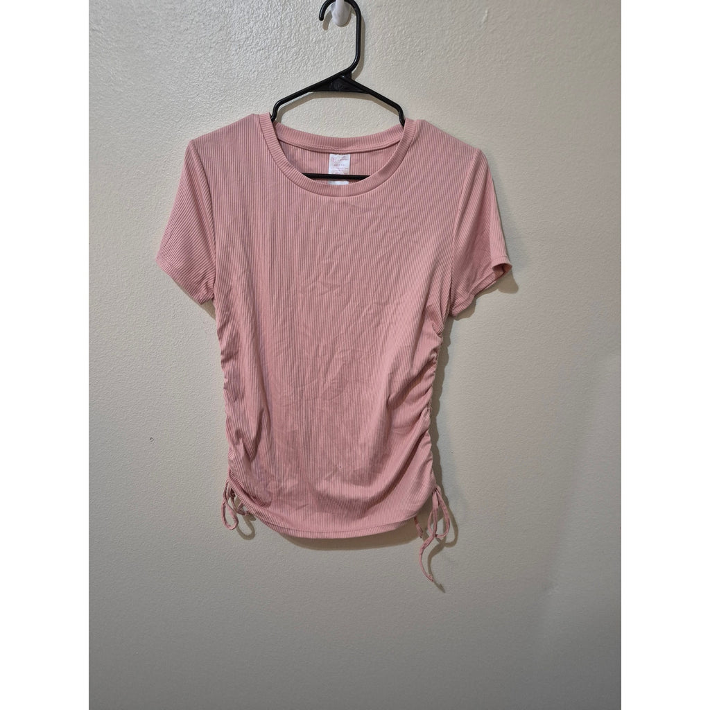 No Boundaries Ribbed Ruched Side Drawstring Tee - Dusty Rose - Large