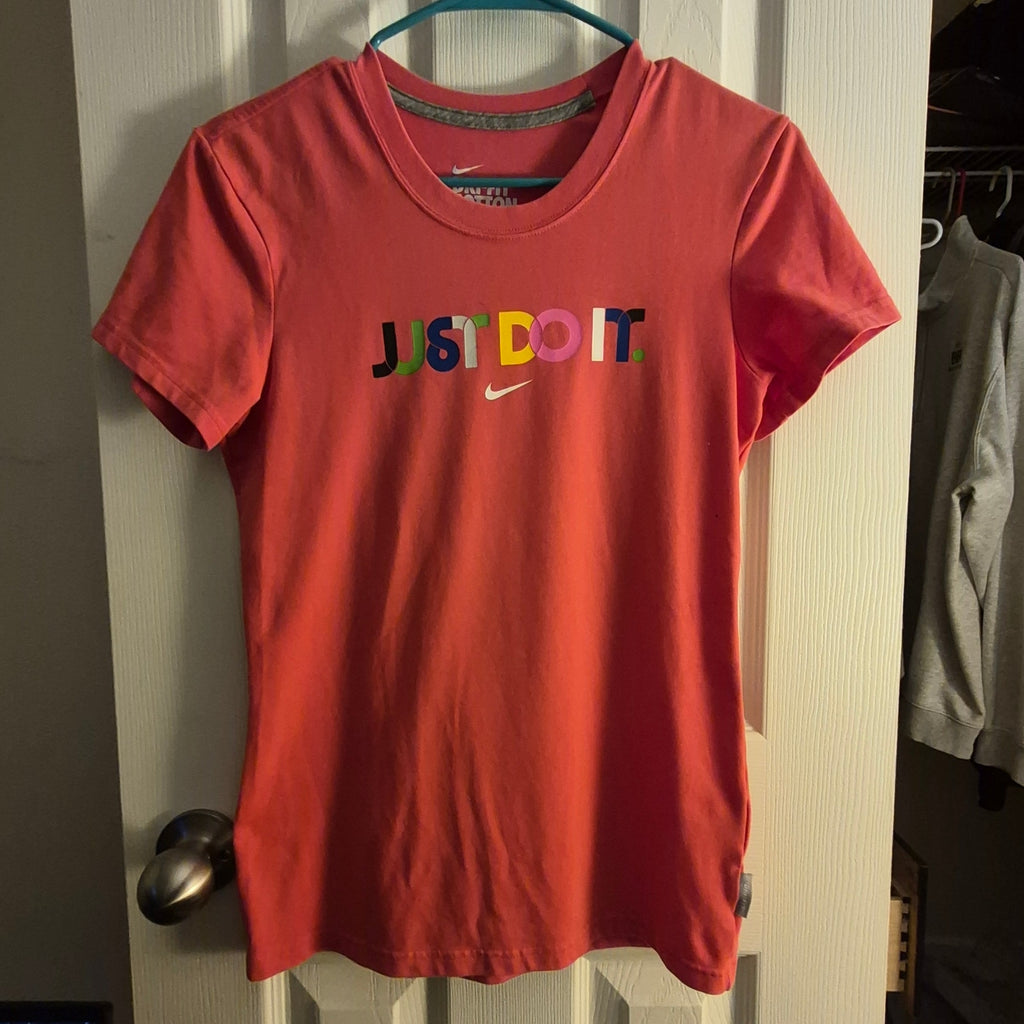Nike Dri-FIT Cotton Tee "Just Do It" Graphic T-Shirt Pink Coral Women's Size S