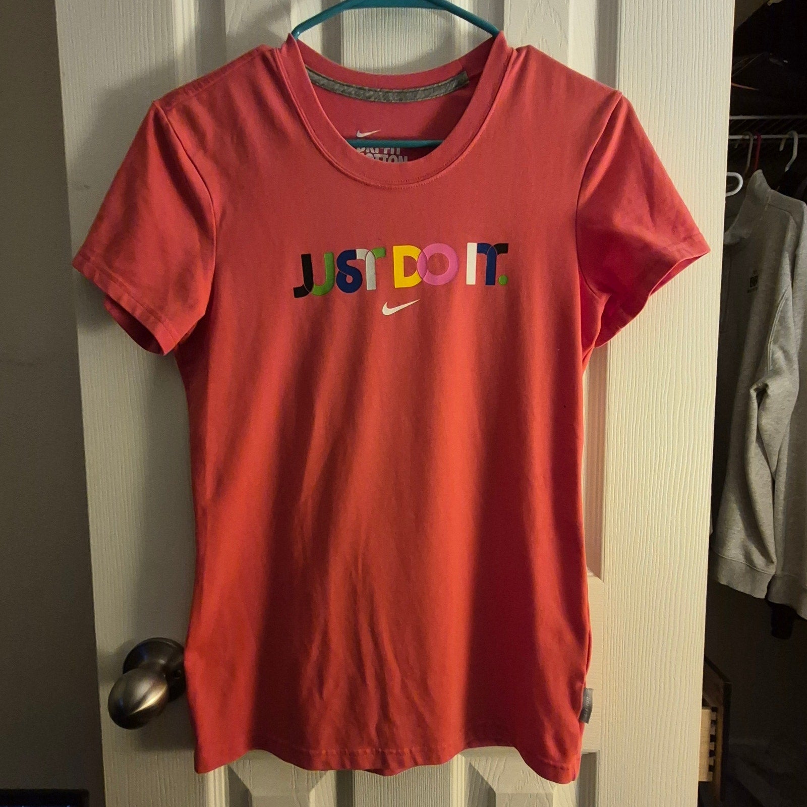 Nike Dri-FIT Cotton Tee "Just Do It" Graphic T-Shirt Pink Coral Women's Size S
