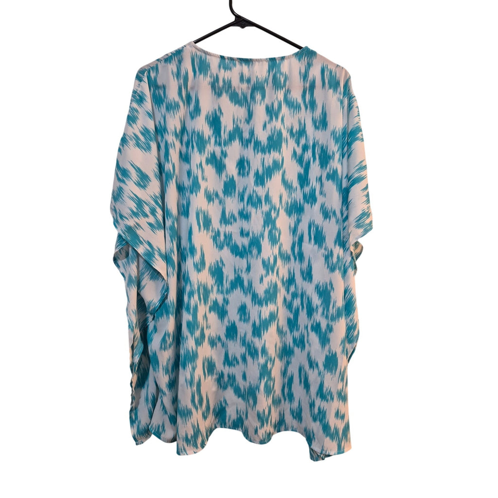CARAMELA Athena Turquoise Blue Ikat Poncho Blouse V-Neck Chiffon Top Small