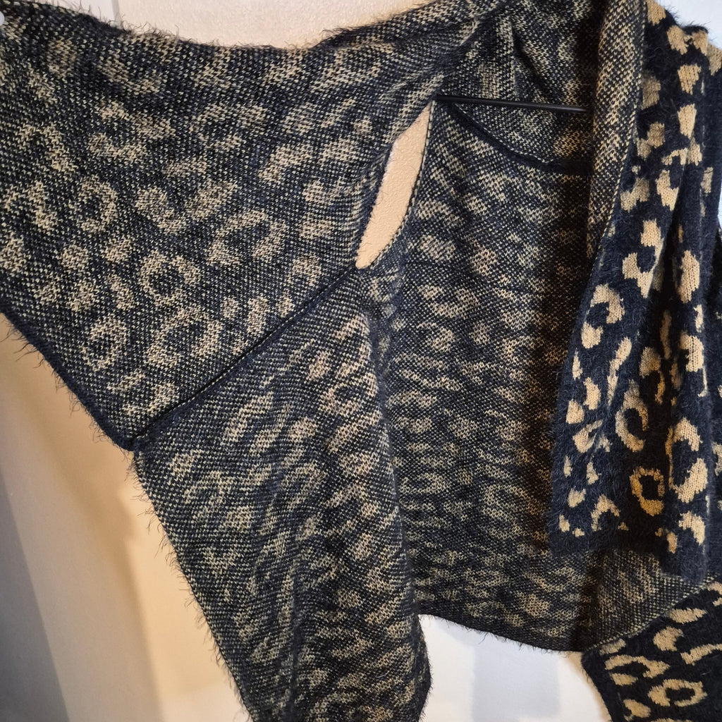 Leopard Print Eyelash Knit Vest Draped Waterfall Open Front Tan Black