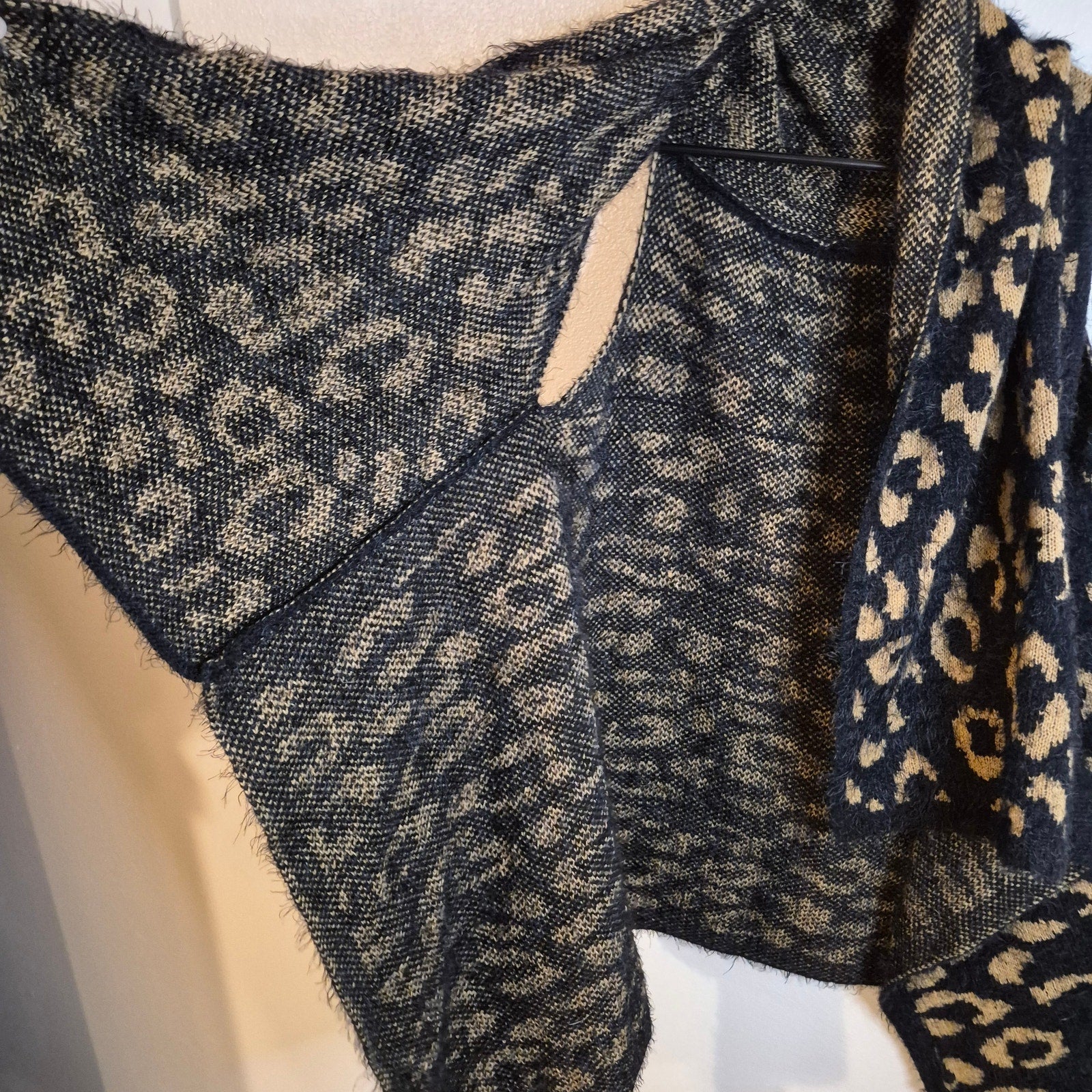 Leopard Print Eyelash Knit Vest Draped Waterfall Open Front Tan Black