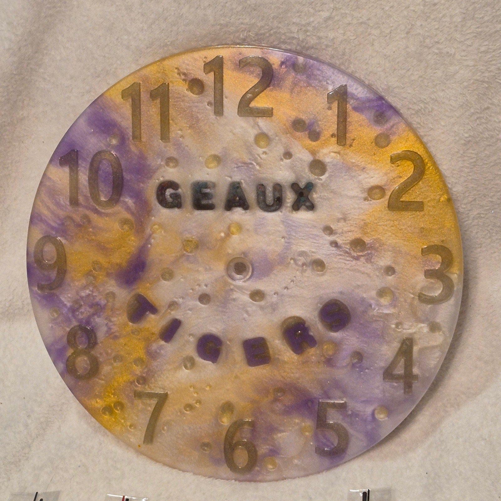 Handmade Geaux Tigers Resin Wall Clock Face – Purple and Gold Game Day Decor