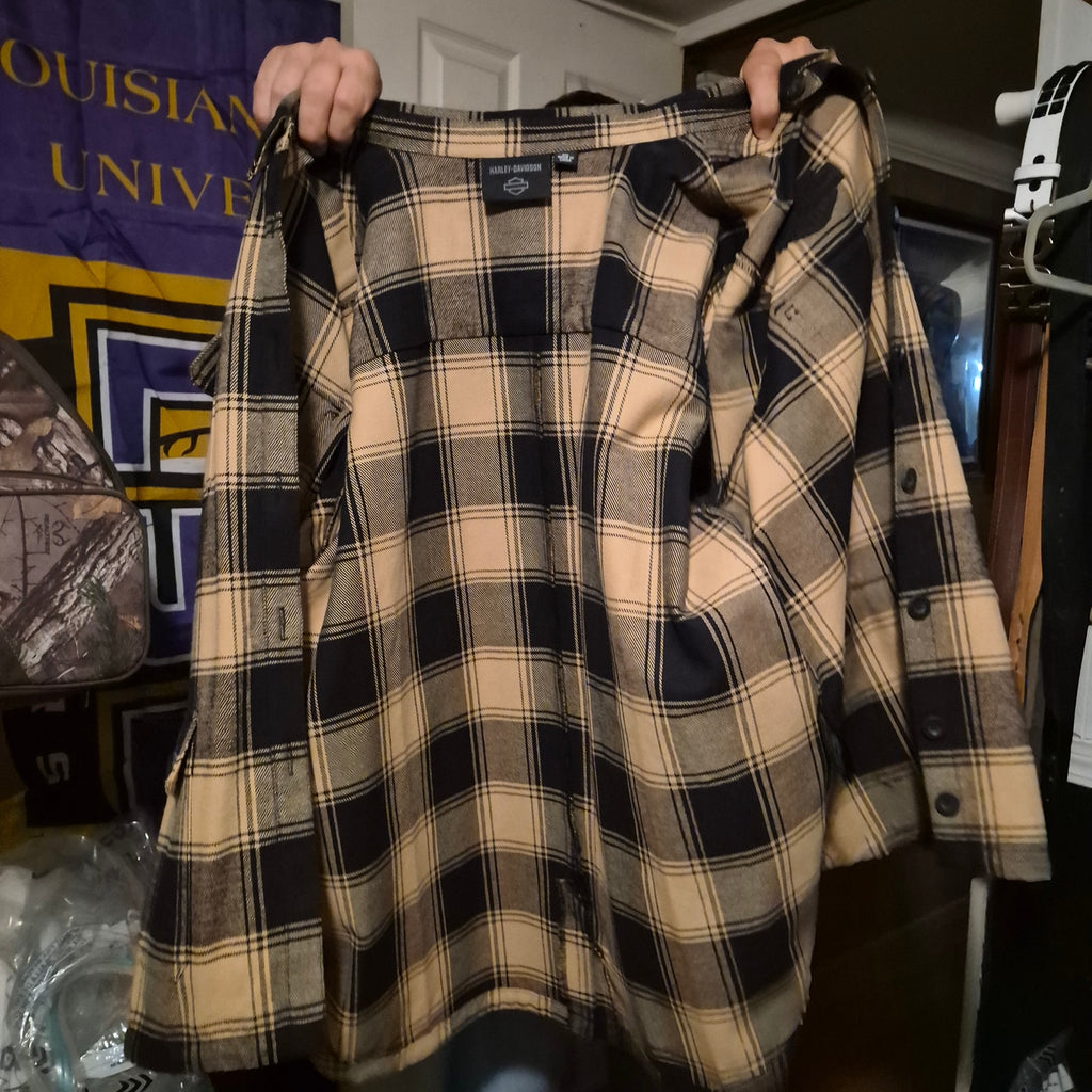 Harley-Davidson Men's 2XL Plaid Button Down Shirt, Tan Black HDMC Embroidered