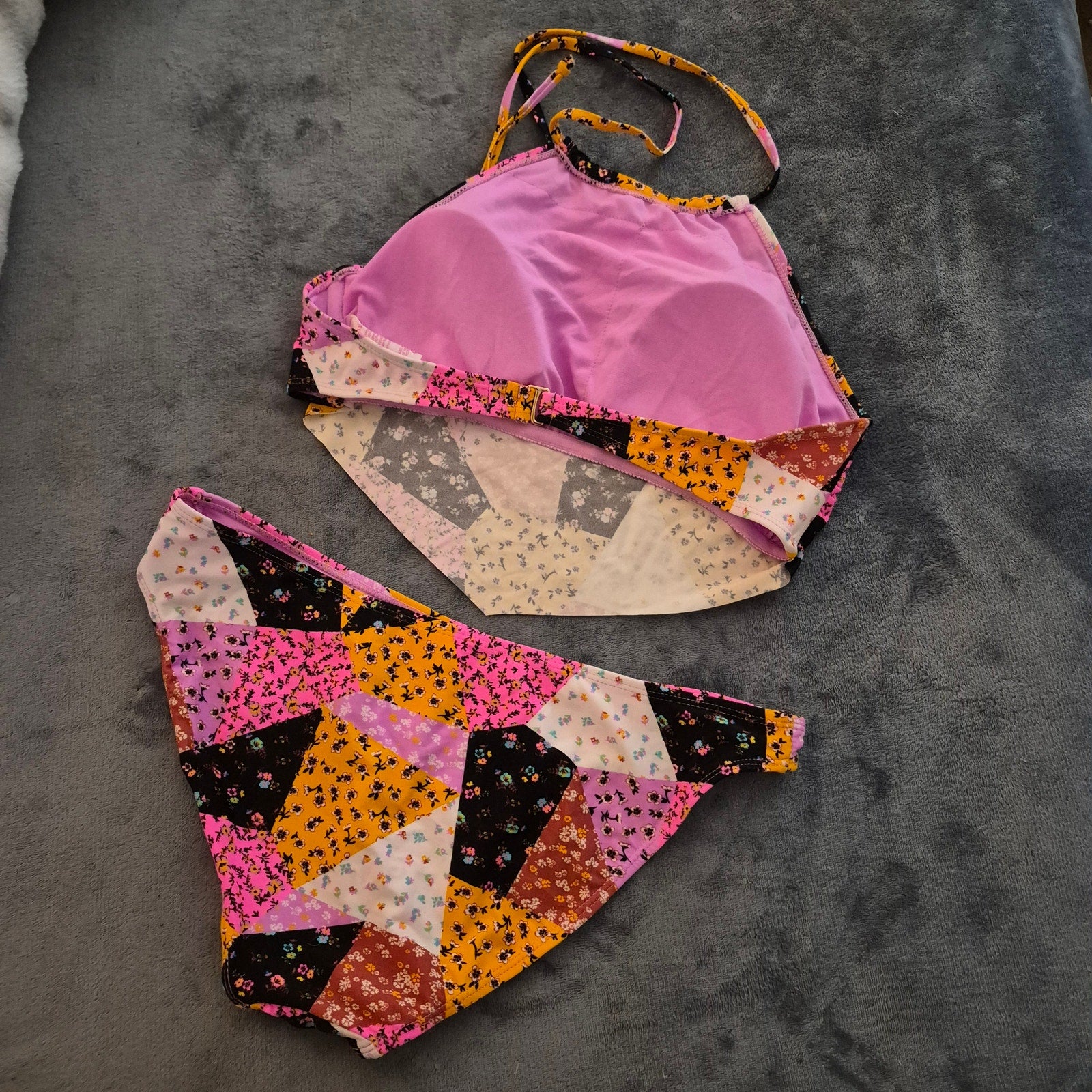NoBo Retro Patchwork Floral Handkerchief Halter Bikini Swimsuit Set L