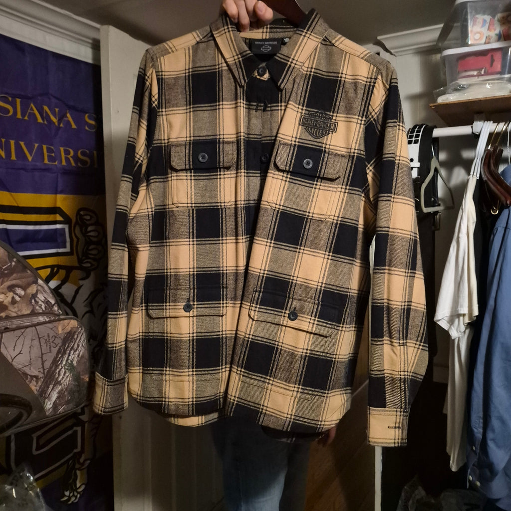 Harley-Davidson Men's 2XL Plaid Button Down Shirt, Tan Black HDMC Embroidered