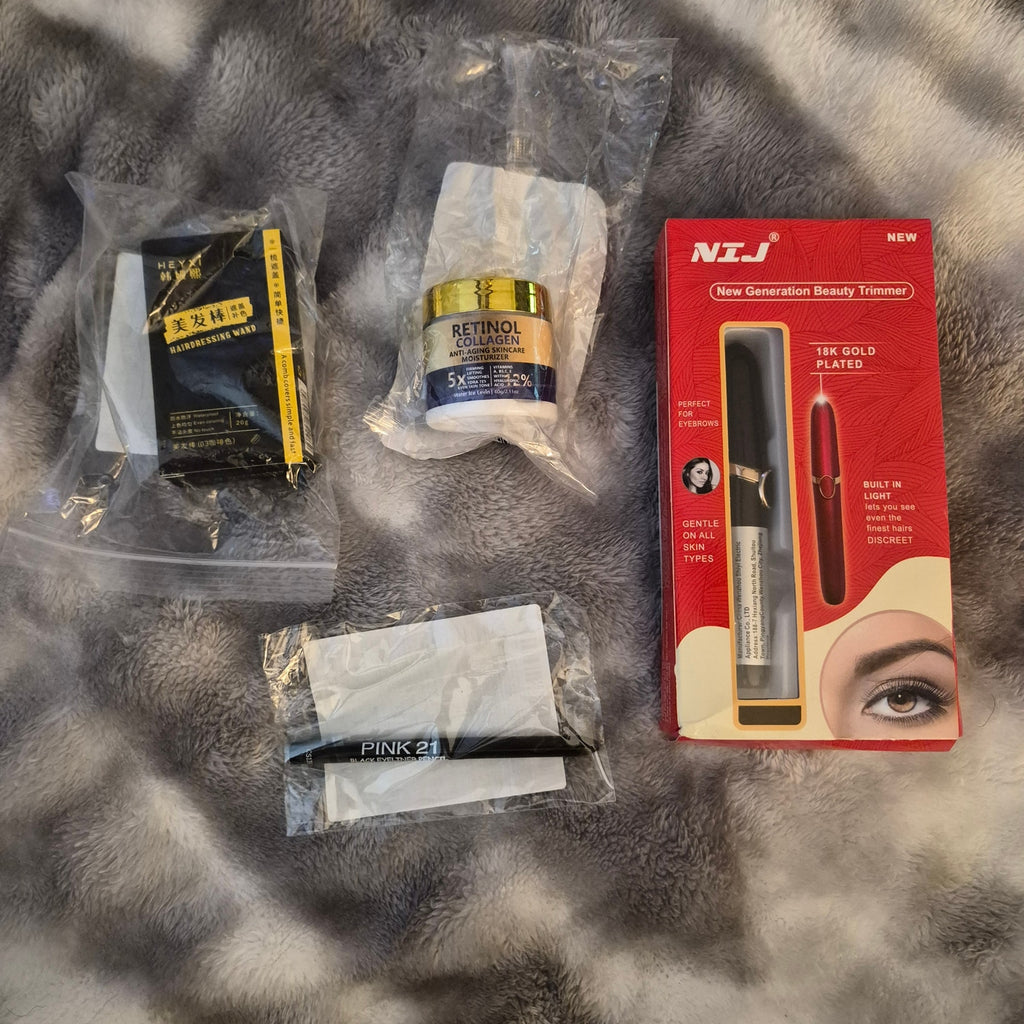Glow & Groom 4-Pc Beauty Set, eyeliner, collagen cream, hair stick and trimmer