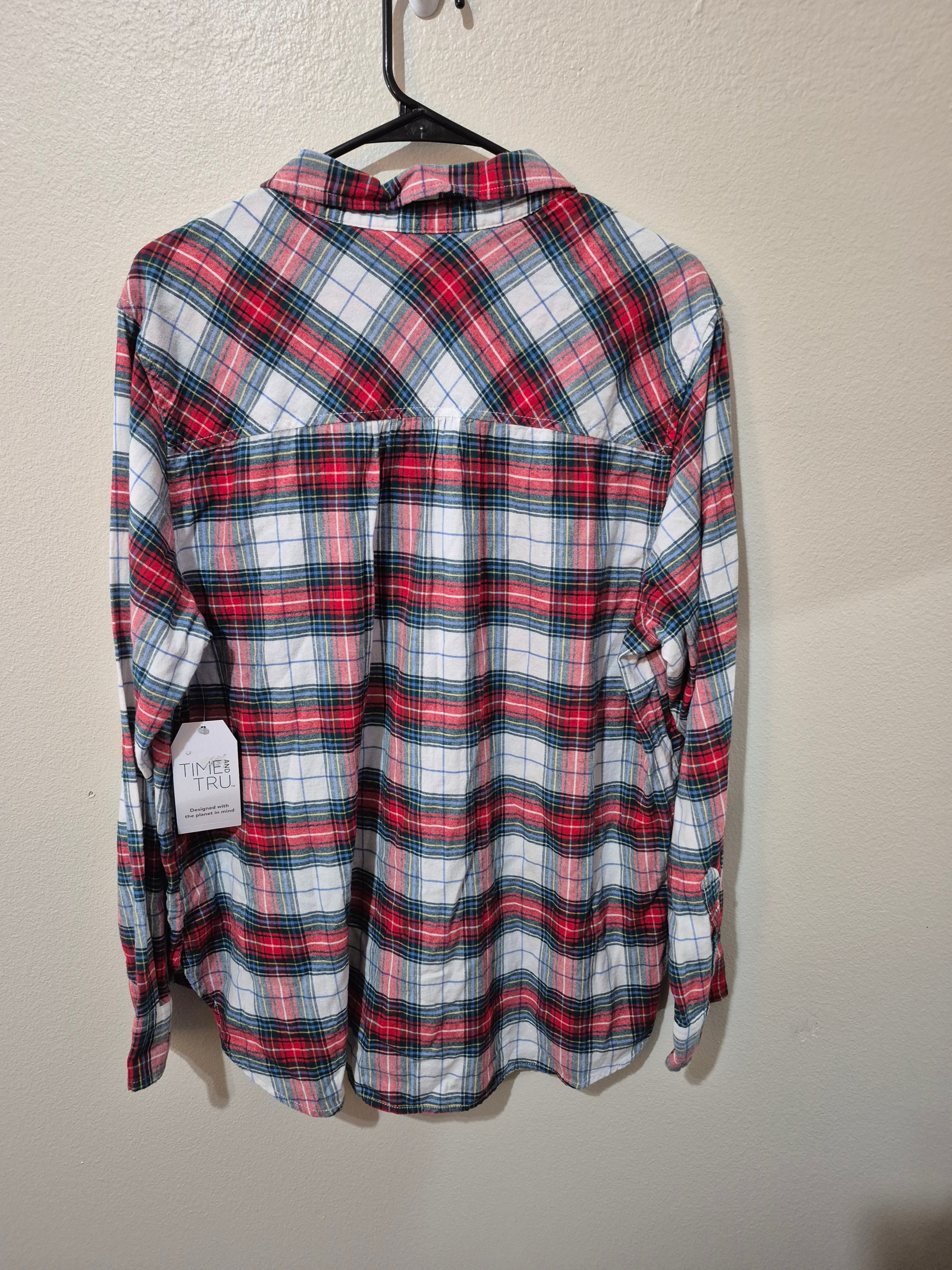 NWT Time and Tru Women's XL Plaid Flannel Button Down Shirt Red Blue White