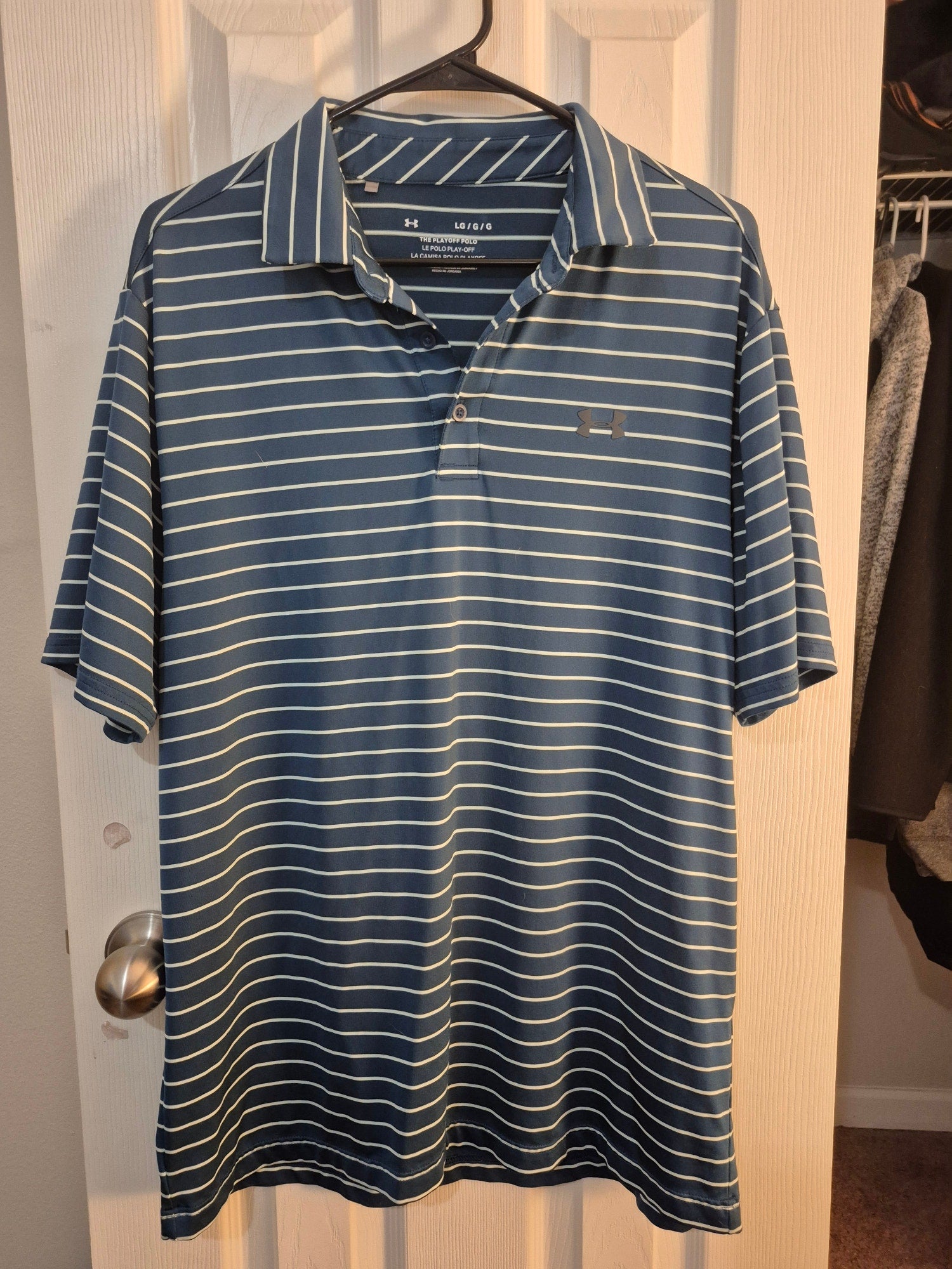 NWOT Under Armour The Playoff Polo Mens Large Teal Blue Striped Golf NEW